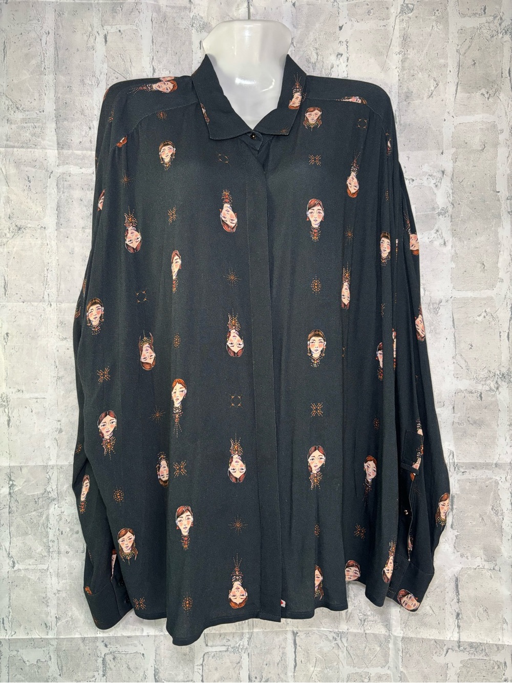 Johnny Was Scofield Black Button-Up Bohemian Shirt With Native Women Print